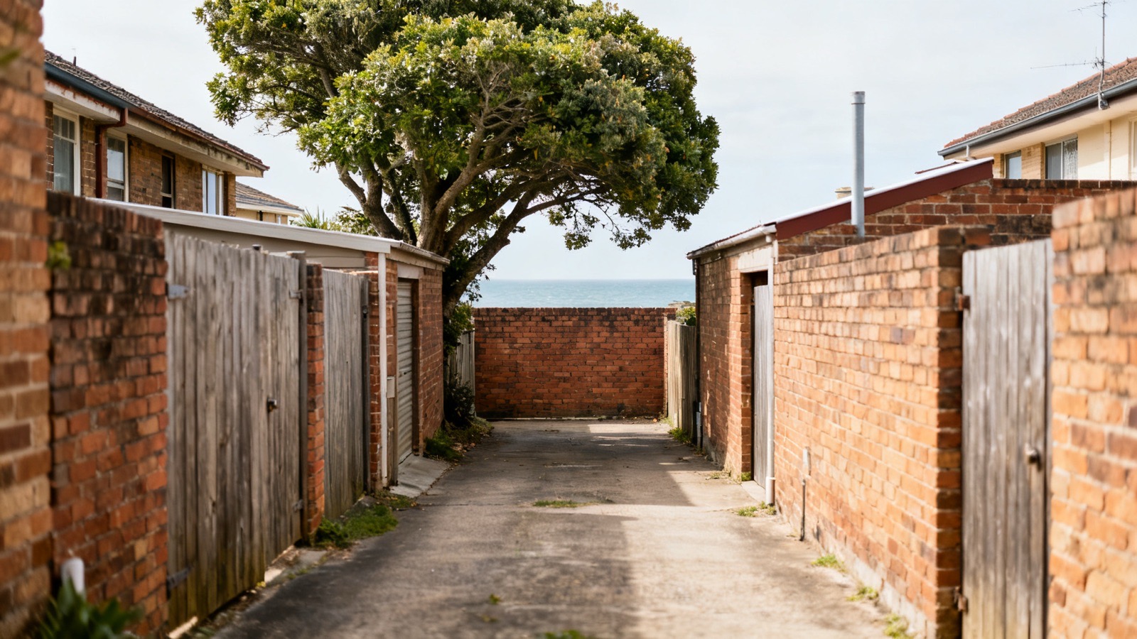 A narrow brick laneway behind old houses, a leafy tree spreading over the back gates