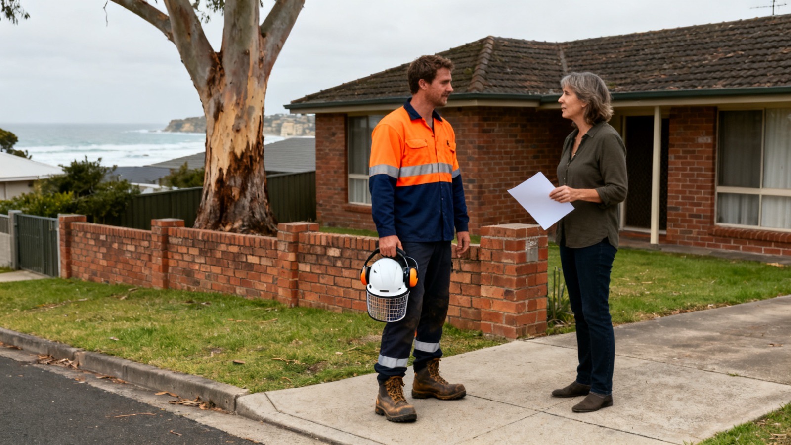 A tree contractor in fluoro work clothes holding a helmet, talking with a home owner on the footpath outside a brick house with a big gum